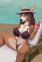 Size: 874x1280 | Tagged: safe, artist:goatesque, cervid, deer, mammal, anthro, bikini, breasts, clothes, drink, female, fluff, glasses, hat, headwear, huge breasts, pubic fluff, solo, solo female, swimsuit, thick thighs, thighs
