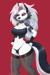 Size: 2000x2952 | Tagged: safe, artist:flutterthrash, loona (vivzmind), canine, fictional species, hellhound, mammal, anthro, digitigrade anthro, hazbin hotel, helluva boss, 2022, bedroom eyes, belly button, black nose, breasts, clothes, collar, colored sclera, digital art, ear piercing, ears, eyelashes, female, fingerless gloves, fur, gloves, hair, hand on hip, legwear, looking away, panties, piercing, pose, red sclera, simple background, solo, solo female, spiked collar, stockings, tail, tank top, thighs, topwear, unamused, underwear, wide hips
