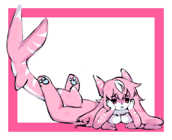 Size: 3000x2451 | Tagged: suggestive, artist:ghwost_, fictional species, fish, goo creature, shark, anthro, roblox, blue paw pads, female, goo, hair, kaiju paradise (roblox), lying down, paw pads, pink body, pink eyes, pink hair, simple background, striped body, striped tail, stripes, tail, white background, white stripe
