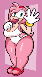 Size: 3024x5536 | Tagged: suggestive, artist:someth1ngoranother, amy rose (sonic), hedgehog, mammal, anthro, plantigrade anthro, sega, sonic the hedgehog (series), 2022, 5 fingers, abstract background, black nose, breasts, cleavage, clothes, curvy, eating, eyelashes, female, food, gloves, green eyes, hair, hair band, high res, holding, holding object, looking at you, one-piece swimsuit, pink, pink body, popsicle, sandals, shoes, short tail, solo, solo female, swimsuit, tail, thick thighs, thighs, white gloves, white swimsuit