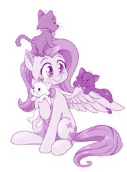 Size: 945x1280 | Tagged: safe, artist:dstears, berlioz (the aristocats), fluttershy (mlp), marie (the aristocats), toulouse (the aristocats), cat, equine, feline, fictional species, mammal, pegasus, pony, feral, disney, friendship is magic, hasbro, my little pony, the aristocats, 2d, crossover, cute, female, group, kitten, male, mare, monochrome, simple background, ungulate, white background, young