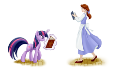 Size: 1920x1080 | Tagged: safe, artist:dstears, belle (beauty and the beast), twilight sparkle (mlp), equine, fictional species, human, mammal, pony, unicorn, feral, beauty and the beast, disney, friendship is magic, hasbro, my little pony, 2013, 2d, book, crossover, duo, duo female, female, females only, holding, holding book, holding object, mare, reading, simple background, ungulate, white background