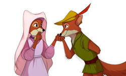 Size: 1024x613 | Tagged: safe, artist:gigason, maid marian (robin hood), robin hood (robin hood), canine, fox, mammal, red fox, anthro, disney, robin hood (disney), 2022, 2d, canon ship, couple, duo, female, looking at each other, male, male/female, shipping, simple background, vixen, white background