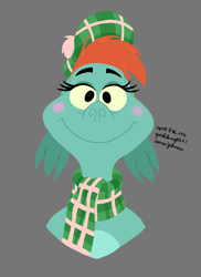 Size: 1275x1755 | Tagged: safe, artist:yoshiknight2, loch ness monster, nessie (the ballad of nessie), semi-anthro, disney, the ballad of nessie, 2d, blushing, female, front view, looking at you, smiling, smiling at you, solo, solo female