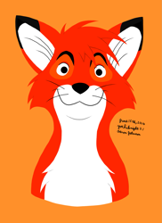 Size: 1275x1755 | Tagged: safe, artist:yoshiknight2, tod (the fox and the hound), canine, fox, mammal, red fox, feral, disney, the fox and the hound, 2d, bust, front view, looking at you, male, orange background, simple background, smiling, smiling at you, solo, solo male