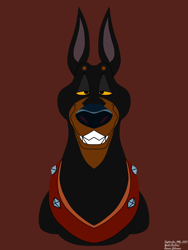 Size: 3024x4032 | Tagged: safe, artist:yoshiknight2, roscoe (oliver & company), canine, doberman, dog, mammal, feral, disney, oliver & company, 2d, bust, front view, looking at you, male, red background, simple background, solo, solo male