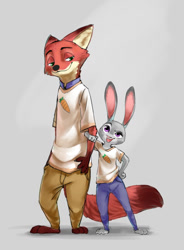 Size: 700x950 | Tagged: dead source, safe, artist:landypommel, judy hopps (zootopia), nick wilde (zootopia), canine, fox, lagomorph, mammal, rabbit, red fox, anthro, disney, zootopia, 2d, female, gradient background, looking at each other, male, pixiv, smiling