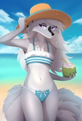 Size: 1595x2365 | Tagged: safe, artist:rednroge, canine, mammal, wolf, anthro, beach, belly button, bikini, black body, black fur, bow, chest fluff, clothes, drink, female, fluff, fur, gray body, gray fur, gray hair, hair, hat, headwear, looking at you, multicolored fur, panties, purple eyes, solo, solo female, summer, sun hat, swimsuit, two toned body, two toned fur, underwear