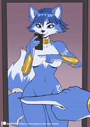 Size: 2894x4093 | Tagged: suggestive, artist:alanscampos, krystal (star fox), canine, fox, mammal, anthro, nintendo, star fox, 2022, belly button, blep, blue body, blue eyes, blue fur, bracer, breasts, cell phone, choker, covering, dipstick tail, eyebrows, eyelashes, fangs, female, fur, hair, mirror, mirror selfie, phone, selfie, sharp teeth, short hair, smartphone, solo, solo female, tail, tail band, teeth, tongue, tongue out, vixen
