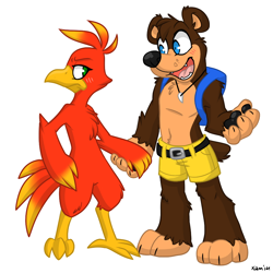 Size: 900x900 | Tagged: safe, artist:thewardenx3, banjo (banjo-kazooie), kazooie (banjo-kazooie), bear, bird, breegull, fictional species, mammal, anthro, banjo-kazooie, rareware, 2014, 2d, duo, female, holding, holding hands, looking at each other, male, paw pads, paws, simple background, unamused, white background