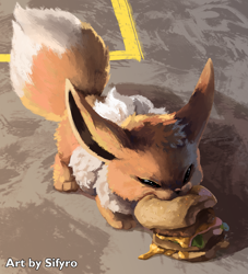 Size: 1867x2057 | Tagged: safe, artist:blitzdrachin, eevee, eeveelution, fictional species, mammal, feral, nintendo, pokémon, 2022, ambiguous gender, black nose, burger, cheese, cheeseburger, dairy products, digital art, ears, eating, eyes closed, fluff, food, fur, head fluff, holding, lettuce, meat, mouth hold, neck fluff, paws, solo, solo ambiguous, tail, thighs, vegetables