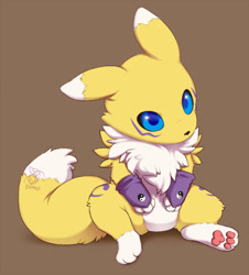 Size: 700x774 | Tagged: safe, artist:ebikyun, fictional species, renamon, anthro, digitigrade anthro, digimon, 2012, black nose, blue sclera, chibi, clothes, colored sclera, digital art, ears, eyelashes, female, fingerless gloves, fluff, fur, gloves, neck fluff, paw pads, paws, simple background, sitting, solo, solo female, tail