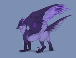 Size: 1855x1419 | Tagged: safe, artist:skoren, oc, oc only, bird, dragon, feline, fictional species, gryphon, mammal, feral, beak, ears, feathers, looking at you, night, purple body, simple background, solo, tail, wings