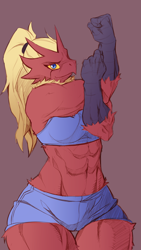 Size: 1080x1920 | Tagged: safe, artist:lil-heartache, blaziken, fictional species, anthro, nintendo, pokémon, 2016, abs, adonis belt, beak, bedroom eyes, belly button, biceps, blonde hair, blue eyes, bottomwear, breasts, cameltoe, clothes, colored sclera, crop top, digital art, ears, eyelashes, female, flexing, fluff, fur, hair, looking at you, midriff, muscles, muscular female, neck fluff, ponytail, quadriceps, red body, sexy, shorts, simple background, solo, solo female, sports bra, sports shorts, starter pokémon, tail, thigh gap, thighs, topwear, wide hips, workout clothes, yellow sclera