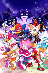 Size: 1600x2400 | Tagged: safe, artist:drawloverlala, amy rose (sonic), big the cat (sonic), blaze the cat (sonic), chaos (sonic), cheese (sonic), cream the rabbit (sonic), doctor eggman (sonic), e-123 omega (sonic), knuckles the echidna (sonic), marine the raccoon (sonic), metal sonic (sonic), miles "tails" prower (sonic), rouge the bat (sonic), shadow the hedgehog (sonic), silver the hedgehog (sonic), sonic the hedgehog (sonic), tikal the echidna (sonic), vanilla the rabbit (sonic), badnik, bat, canine, cat, chao, echidna, egg pawn (sonic), feline, fictional species, fox, hedgehog, mammal, monotreme, procyonid, raccoon, red fox, robot, anthro, sega, sonic the hedgehog (series), 2019, boots, bush, candy cane, chest fluff, clothes, dress, female, flower, fluff, gloves, hair, hairband, hat, headwear, male, merry christmas, nutcracker, open mouth, piko piko hammer, plant, rose, shoes, sky, smiling, sneakers, snow, stars, t-pup (sonic), tail, tree, wings