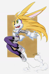Size: 1024x1521 | Tagged: safe, artist:finikart, bunnie rabbot (sonic), lagomorph, mammal, rabbit, archie sonic the hedgehog, my hero academia (series), sega, sonic the hedgehog (series), bunny ears, clothes, crossover, eyelashes, female, gloves, green eyes, hair, long hair, open mouth, robotic limbs, simple background, solo, solo female, tail, teeth, traditional art