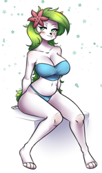 Size: 2363x3980 | Tagged: safe, artist:ranillopa, fictional species, legendary pokémon, mammal, mythical pokémon, shaymin, anthro, digitigrade anthro, nintendo, pokémon, 2022, bedroom eyes, belly button, big breasts, bikini, black nose, blushing, breasts, clothes, digital art, ears, eyelashes, female, flower, flower in hair, fur, hair, hair accessory, plant, pose, simple background, sitting, solo, solo female, swimsuit, tail, thighs, wide hips