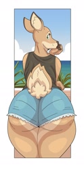 Size: 958x1928 | Tagged: safe, artist:slightlysimian, cervid, deer, mammal, anthro, big butt, butt, clothes, female, jean shorts, looking at you, looking back, looking back at you, raised tail, shirt, solo, solo female, tail, thick thighs, thighs, topwear, wide hips