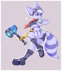 Size: 2249x2591 | Tagged: safe, artist:sokerikaneli, rivet (r&c), fictional species, lombax, mammal, anthro, ratchet & clank, 2022, blue eyes, boots, bottomwear, breasts, butt, clothes, commission, ear piercing, earring, female, goggles, goggles on head, hammer, piercing, prosthetic arm, prosthetics, scarf, shoes, shorts, solo, solo female, sparkles, stripes