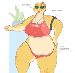 Size: 2145x2070 | Tagged: suggestive, artist:robuttschei, amphibian, frog, anthro, big belly, bikini, clothes, fat, female, glasses, lifeguard, nipple outline, solo, solo female, sunglasses, swimsuit, thick thighs, thighs, wide hips