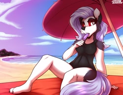 Size: 2250x1750 | Tagged: safe, artist:shadowreindeer, loona (vivzmind), canine, fictional species, hellhound, mammal, anthro, digitigrade anthro, hazbin hotel, helluva boss, 2022, breasts, clothes, ears, female, food, hair, long hair, looking at you, one-piece swimsuit, popsicle, silver hair, solo, solo female, swimsuit, tail, thighs