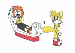 Size: 1273x889 | Tagged: safe, artist:spaton37, miles "tails" prower (sonic), milla basset (freedom planet), anthro, plantigrade anthro, freedom planet, sega, sonic the hedgehog (series), barefoot, duo, feet, female, fetish, foot fetish, male, soles, tickling, toes, traditional art