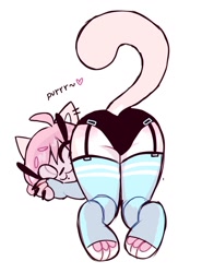 Size: 980x1327 | Tagged: suggestive, artist:candiewrapper_, cat, feline, mammal, semi-anthro, beans, butt, clothes, face down ass up, female, fur, hair, heart, legwear, looking at you, looking back, looking back at you, panties, paw pads, paws, pink body, pink fur, pink hair, purring, simple background, solo, solo female, thigh highs, toeless legwear, underwear, white background