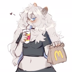 Size: 2048x2048 | Tagged: safe, artist:anakoluthh, big cat, cat, feline, mammal, anthro, mcdonald's, belly button, blue eyes, breasts, choker, cleavage, clothes, crop top, cropped shirt, drink, drinking, female, food, fur, gray body, gray fur, hair, heart, midriff, multicolored fur, shirt, simple background, solo, solo female, topwear, two toned body, two toned fur, white background, white hair