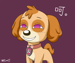 Size: 1800x1500 | Tagged: safe, artist:rex100, skye (paw patrol), canine, cockapoo, dog, mammal, feral, nickelodeon, paw patrol, 2022, anya forger (spy x family), bedroom eyes, black nose, collar, crossover, digital art, ears, eyelashes, female, fur, hair, heh, simple background, solo, solo female, spy x family, tail