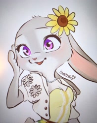 Size: 2750x3501 | Tagged: safe, artist:penpen_disney, judy hopps (zootopia), lagomorph, mammal, rabbit, anthro, disney, zootopia, 2d, breasts, bust, cleavage, clothes, cute, female, flower, flower in hair, fluff, fur, gray body, gray fur, hair, hair accessory, neck fluff, plant, portrait, purple eyes, shirt, simple background, solo, solo female, topwear, white background