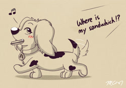 Size: 2000x1400 | Tagged: safe, artist:rex100, liberty (paw patrol), canine, dachshund, dog, mammal, feral, paw patrol, 2022, black nose, collar, dialogue, digital art, ears, eyelashes, female, food, fur, hair, holding, monochrome, mouth hold, paws, sandwich, simple background, solo, solo female, speech bubble, tail, tail wag, talking, text, walking