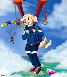 Size: 2500x2900 | Tagged: safe, artist:rex100, jack (beastars), canine, dog, mammal, anthro, beastars, 2022, black nose, clothes, cloud, detailed background, digital art, ears, eyelashes, fur, male, open mouth, parachute, shoes, sky, skyjumping, solo, solo male, suit, tail, tongue
