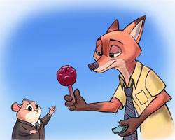 Size: 4434x3540 | Tagged: safe, artist:zdrer456, nick wilde (zootopia), canine, fox, mammal, red fox, anthro, disney, zootopia, 2d, ambiguous gender, duo, food, high res, lemming, male, on model, pawpsicle, popsicle