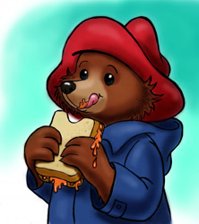 Size: 1500x1691 | Tagged: safe, artist:zdrer456, paddington bear (paddington), bear, mammal, anthro, paddington bear, 2d, eating, food, male, sandwich, solo, solo male