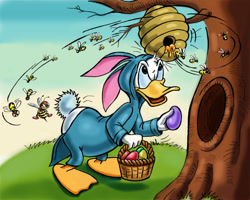 Size: 2000x1600 | Tagged: safe, artist:zdrer456, donald duck (disney), arthropod, bee, bird, duck, insect, waterfowl, anthro, feral, disney, mickey and friends, 2d, beehive, bunny costume, easter egg, male, on model, plant, solo, solo male, tree
