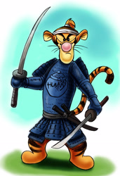 Size: 2025x2962 | Tagged: safe, artist:zdrer456, tigger (winnie-the-pooh), big cat, feline, mammal, tiger, semi-anthro, disney, winnie-the-pooh, front view, looking at you, male, samurai, solo, solo male, sword, weapon