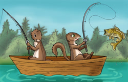 Size: 1280x825 | Tagged: safe, artist:zdrer456, fish, mammal, rodent, squirrel, feral, 2d, boat, duo, duo male and female, female, fishing, fishing rod, male, water