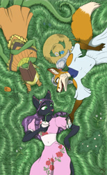 Size: 4000x6500 | Tagged: safe, artist:destrustor, oc, oc only, canine, cat, dragon, feline, fictional species, fox, mammal, anthro, clothes, crop top, crossdressing, dress, femboy, flower, fluff, fur, grass, grass field, gray eyes, green eyes, group, hair, hair over eyes, horns, male, outdoors, plant, scenery, scenery porn, tail, tail fluff, topwear