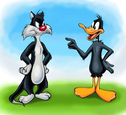 Size: 1280x1161 | Tagged: safe, artist:zdrer456, daffy duck (looney tunes), sylvester (looney tunes), bird, cat, duck, feline, mammal, waterfowl, anthro, looney tunes, warner brothers, 2d, duo, duo male, male, males only, on model