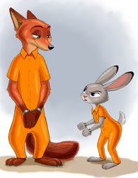 Size: 1280x1643 | Tagged: safe, artist:zdrer456, judy hopps (zootopia), nick wilde (zootopia), canine, fox, lagomorph, mammal, rabbit, red fox, disney, zootopia, 2d, angry, clothes, duo, female, handcuffs, looking at each other, male, on model, prison outfit