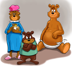 Size: 1280x1209 | Tagged: safe, artist:zdrer456, bear, mammal, anthro, looney tunes, warner brothers, 2d, angry, clothes, crossed arms, family, father, father and child, father and son, female, group, henry bear (looney tunes), honey, husband, husband and wife, junior bear (looney tunes), male, mama bear (looney tunes), mother, mother and child, mother and son, nightcap, nightgown, on model, son, trio, wife