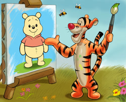 Size: 1280x1041 | Tagged: safe, artist:zdrer456, tigger (winnie-the-pooh), winnie-the-pooh (winnie-the-pooh), arthropod, bee, big cat, feline, insect, mammal, tiger, semi-anthro, disney, winnie-the-pooh, 2d, male, on model, open mouth, open smile, paint, paintbrush, painting, smiling, solo, solo male