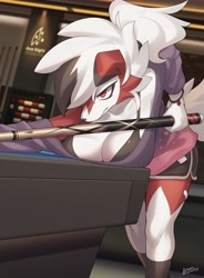 Size: 3011x4096 | Tagged: safe, artist:zinfyu, fictional species, lycanroc, mammal, midnight lycanroc, anthro, nintendo, pokémon, 2022, billiards, black hair, breasts, cleavage, clothes, ears, female, hair, huge breasts, multicolored hair, red eyes, signature, solo, solo female, tail, thick thighs, thighs, two toned hair, white hair