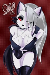 Size: 2731x4096 | Tagged: safe, artist:gyro332x, loona (vivzmind), canine, fictional species, hellhound, mammal, anthro, hazbin hotel, helluva boss, 2022, big breasts, breasts, cleavage, clothes, colored sclera, ears, female, fur, gray hair, hair, huge breasts, long hair, red sclera, signature, solo, solo female, tail, thick thighs, thighs, white body, white fur