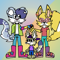 Size: 1280x1280 | Tagged: safe, artist:bluedeerfox14, oc, big cat, canine, feline, fennec fox, fox, hybrid, mammal, snow leopard, anthro, netflix, bottomwear, clothes, couple, cyborg, daughter, ear piercing, earring, family, father, father and child, father and daughter, female, glasses, hair, hat, headwear, husband, husband and wife, interspecies, jeans, kit casey (the creature cases), male, married couple, mother, mother and child, mother and daughter, older, pants, piercing, ponytail, sam snow (the creature cases), shoes, sunglasses, the creature cases (series), tomboy, topwear, vest, wife, young