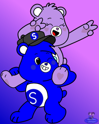 Size: 1085x1359 | Tagged: safe, artist:mrstheartist, edit, share bear (care bears), oc, oc:creative bear, bear, fictional species, mammal, semi-anthro, care bears, care bears: unlock the magic, black outline, bright colors, cap, care bear, cute, dabbing, duo, duo male and female, eyes closed, female, gesture, gradient background, hat, headwear, male, one eye closed, peace sign, piggyback ride, riding, smiling, winking