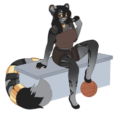 Size: 3832x3504 | Tagged: safe, artist:calibykitty, oc, big cat, cat, feline, hybrid, mammal, ocelot, tiger, anthro, plantigrade anthro, art fight, artfight2022, ball, basketball, black body, black fur, body markings, claws, clothes, ear fluff, fanart, female, fluff, fur, gold (metal), gold jewelry, golden eyes, hair, jewelry, long hair, long tail, looking at you, nails, necklace, simple background, sitting, smirk, solo, solo female, tail, tail fluff, transparent background