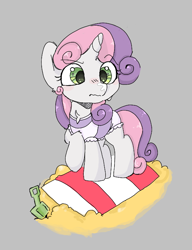 Size: 562x733 | Tagged: safe, artist:mushy, sweetie belle (mlp), equine, fictional species, mammal, pony, unicorn, feral, friendship is magic, hasbro, my little pony, aggie.io, beach towel, blushing, clothes, female, hooves, mare, raised hoof, raised leg, sand, shovel, simple background, sunscreen, swimsuit, towel
