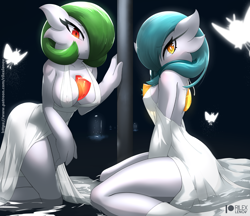 Size: 1440x1243 | Tagged: safe, artist:rilexlenov, fictional species, gardevoir, shiny pokémon, humanoid, nintendo, pokémon, 2022, big breasts, blue hair, breasts, clothes, duo, duo female, female, females only, green hair, hair, thighs