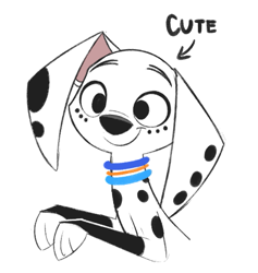 Size: 485x512 | Tagged: safe, artist:higglytownhero, dolly (101 dalmatians), canine, dalmatian, dog, mammal, feral, 101 dalmatian street, 101 dalmatians, disney, 2022, 2d, captain obvious, cute, female, low res, simple background, smiling, solo, solo female, text, white background